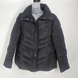 Kenneth Cole Reaction Womens Black Chevron Puffer Jacket Full Zip Collar Size L